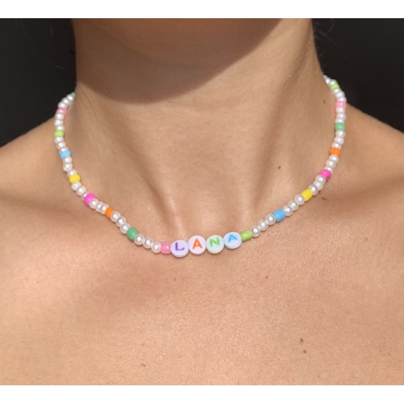 Colar infantil de miçangas coloridas com pérolas e nome personalizado ...