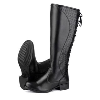 Bota Feminina Montaria Cano Longo Confortável Couro Ecologico Bota da Moda com Cadarço Ajuste