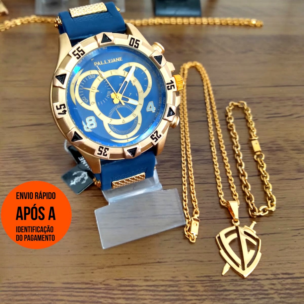 Conjunto Relógio Masculino + Corrente Cruz e Pulseira Banhado a Ouro 18k Crucifixo Fé Lançamento