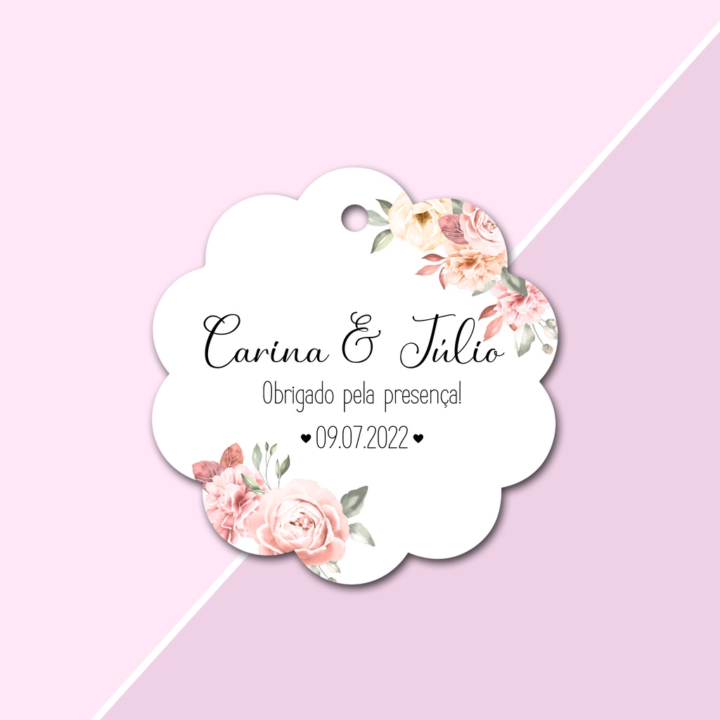 60 Tags Personalizadas Formato Flor Lembrancinha para Casamento, Noivado e Chá de Cozinha