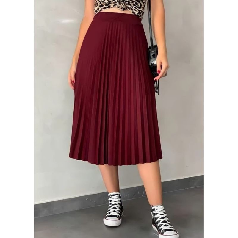 Saia midi Plissada Midi Moda Evangelica Casual Elegante para igreja