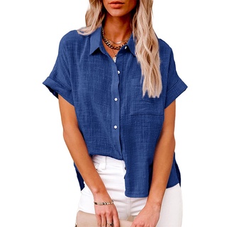 Camisas De Linho De Algodão Moda Feminina De Manga Curta Casual Blusas Largas Botão Up Street Wear Tops