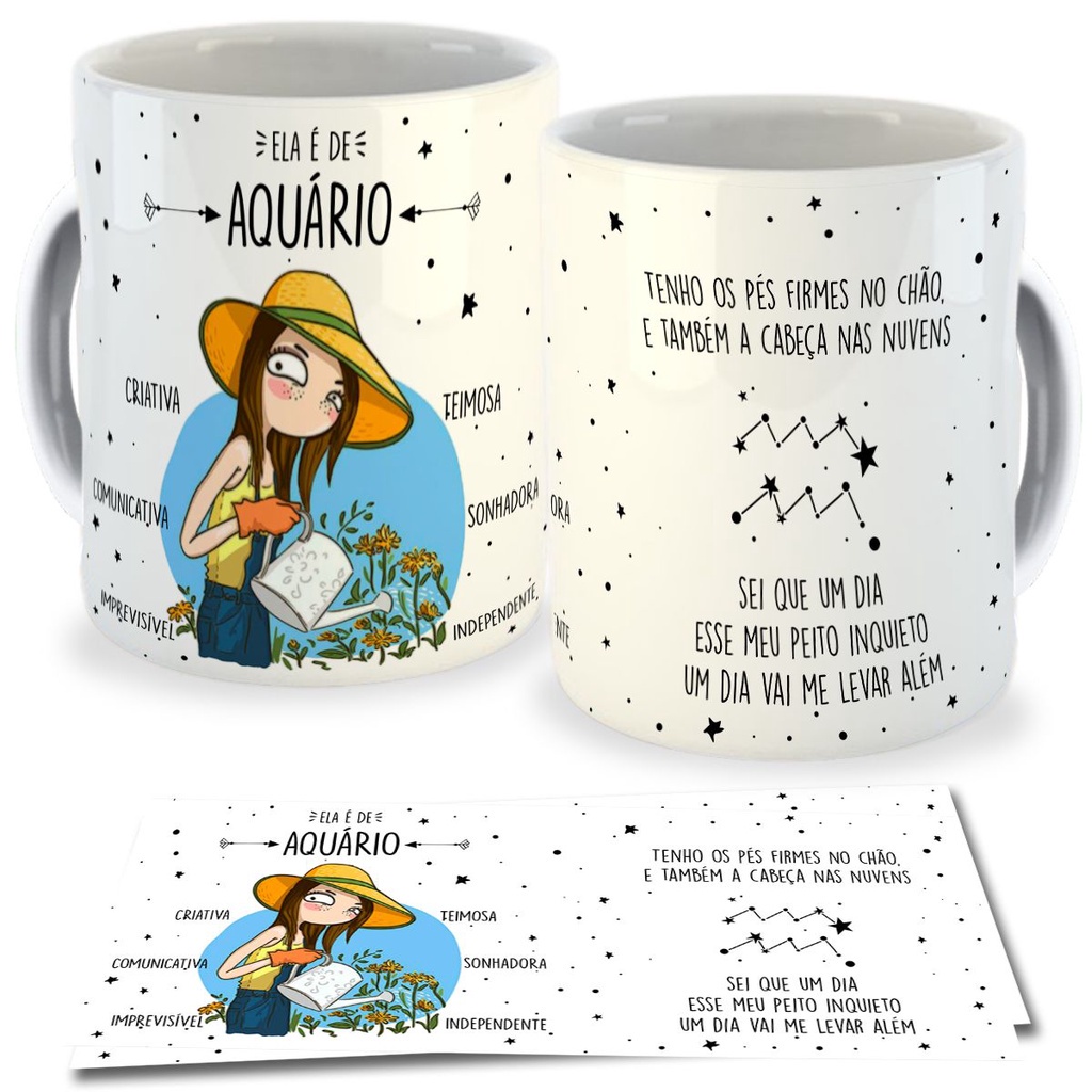 Caneca Aquario Signo Personalizada Porcelana Aquariano Signos com Nome Aquário 21/01 a 18/02 Xicara