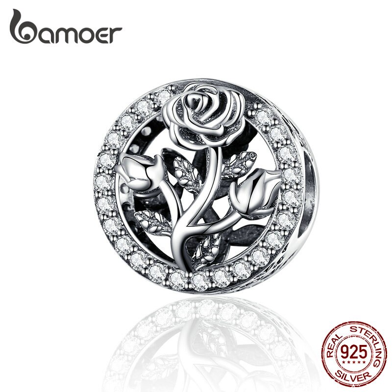 Bamoer Retro Rose Flor Contas 100 % 925 Sterling Silver Rodada Bead Encantos fit Cobra Pulseira Moda Jóias SCC1189 em Oferta na Shopee