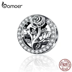 Bamoer Retro Rose Flor Contas 100 % 925 Sterling Silver Rodada Bead Encantos fit Cobra Pulseira Moda Jóias SCC1189