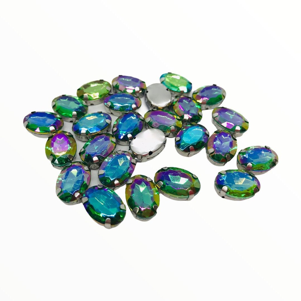 Chatons Engrampados - Oval M NV Base Prata c/ Chaton Verde Boreal - 10x14mm - 20 Und