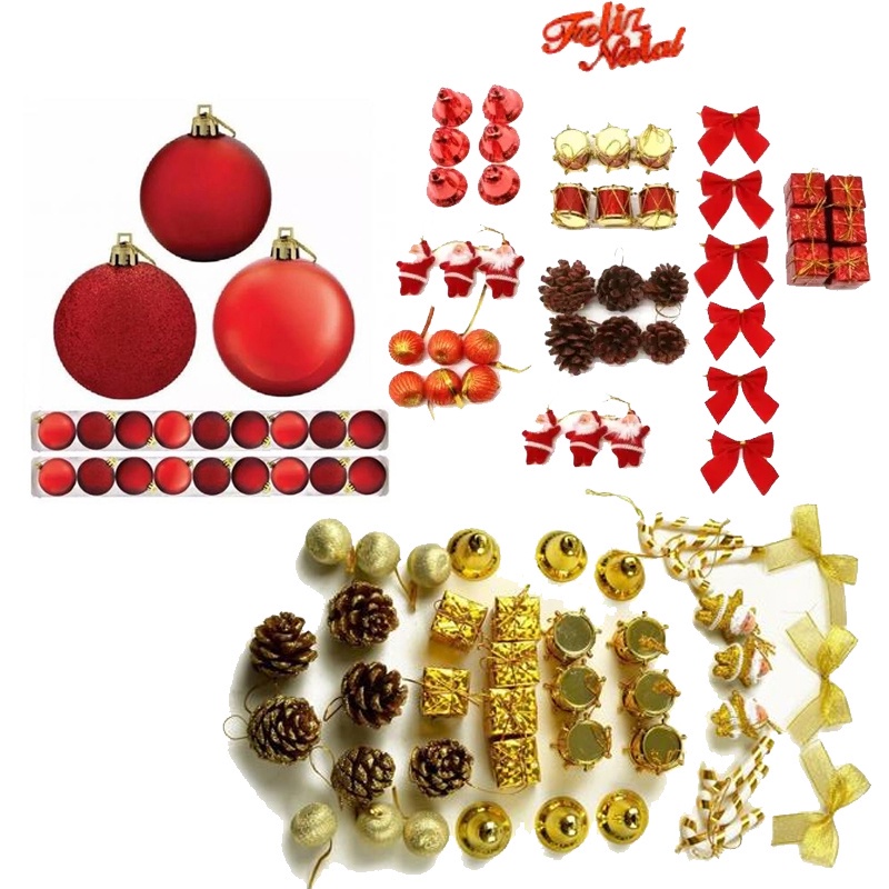 Kit 97 Enfeites Pendentes Dourado Vermelho Para Arvore De Natal Decoracao Bolas Tambores Pinha Lacos