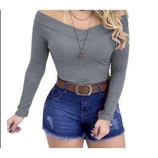 body feminino blusa bore manga longa gola v cruzada frio | Shopee Brasil