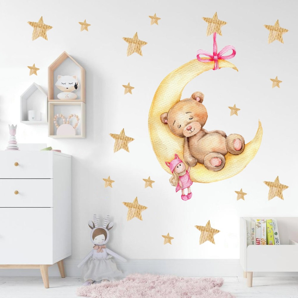 Adesivo de Parede Infantil Ursinha dormindo na Lua e Estrelas , urso, ursinha, decoração, quarto bebe menina