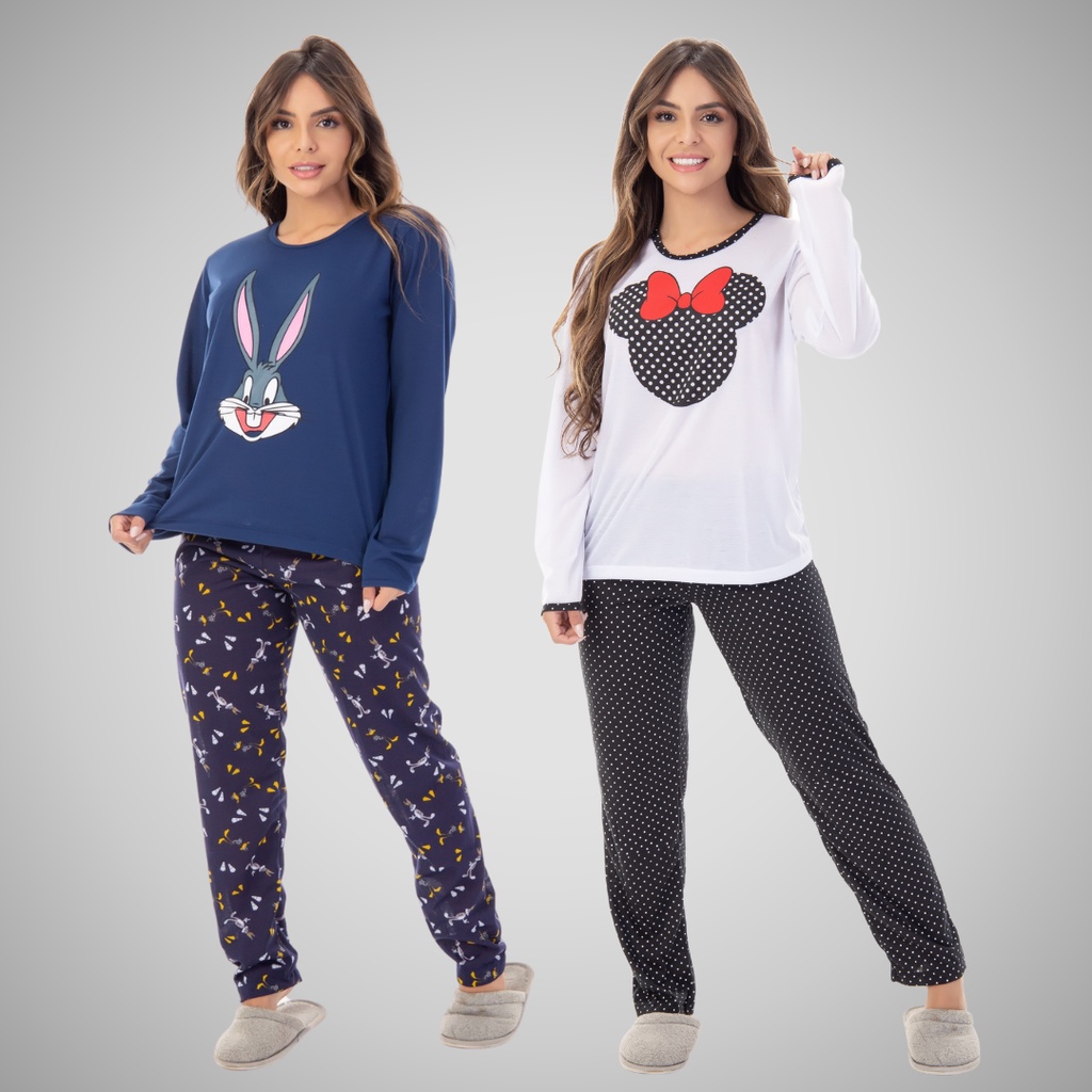Pijama Manga Longa Inverno Personagem Feminino Âncora Pernalonga Modal Conjunto Dormir 330