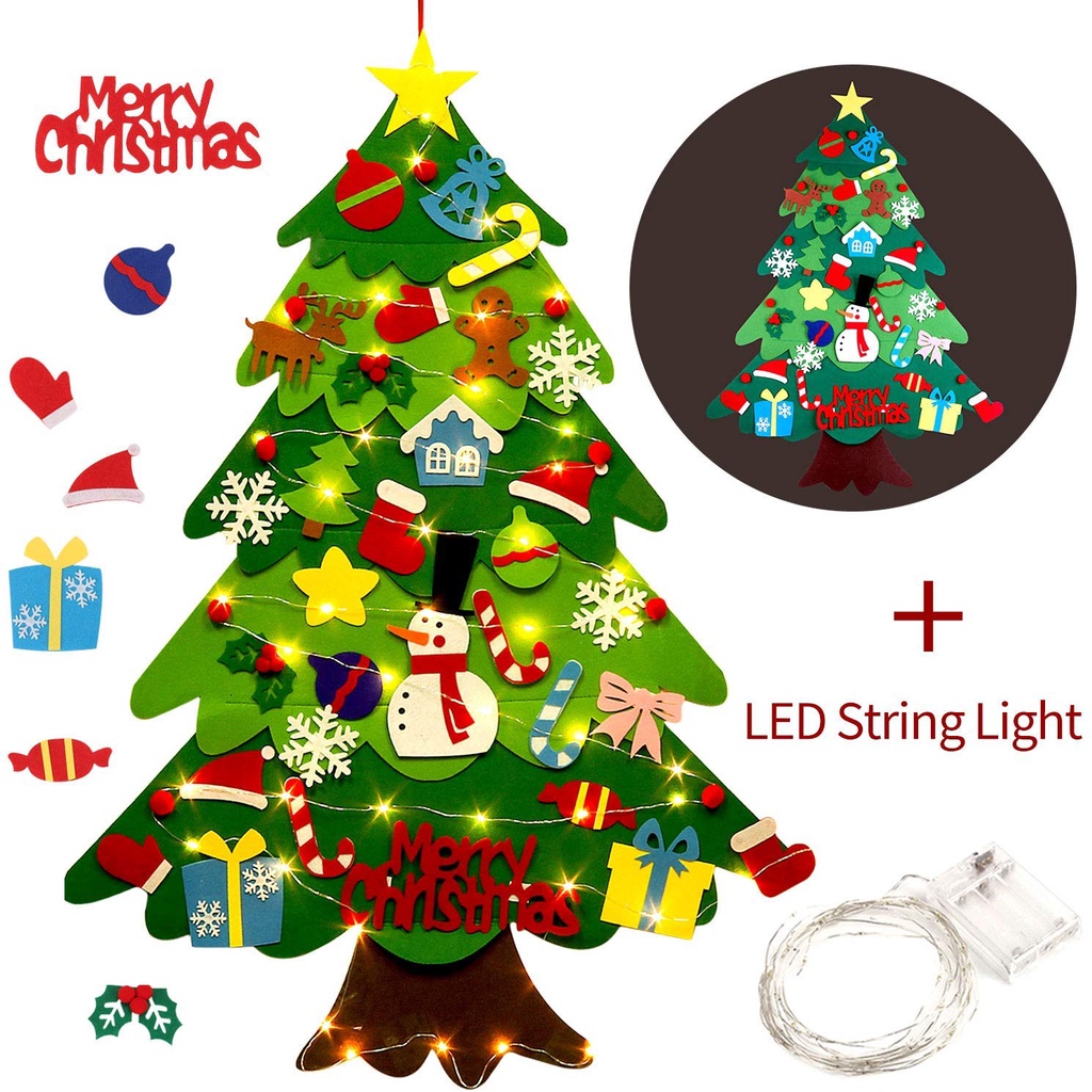  Árvore De Natal De Feltro DIY Parede Pendurado 32 Pcs Enfeites 50  Luzes LEDs Corda Decoração Para Crianças | Shopee Brasil