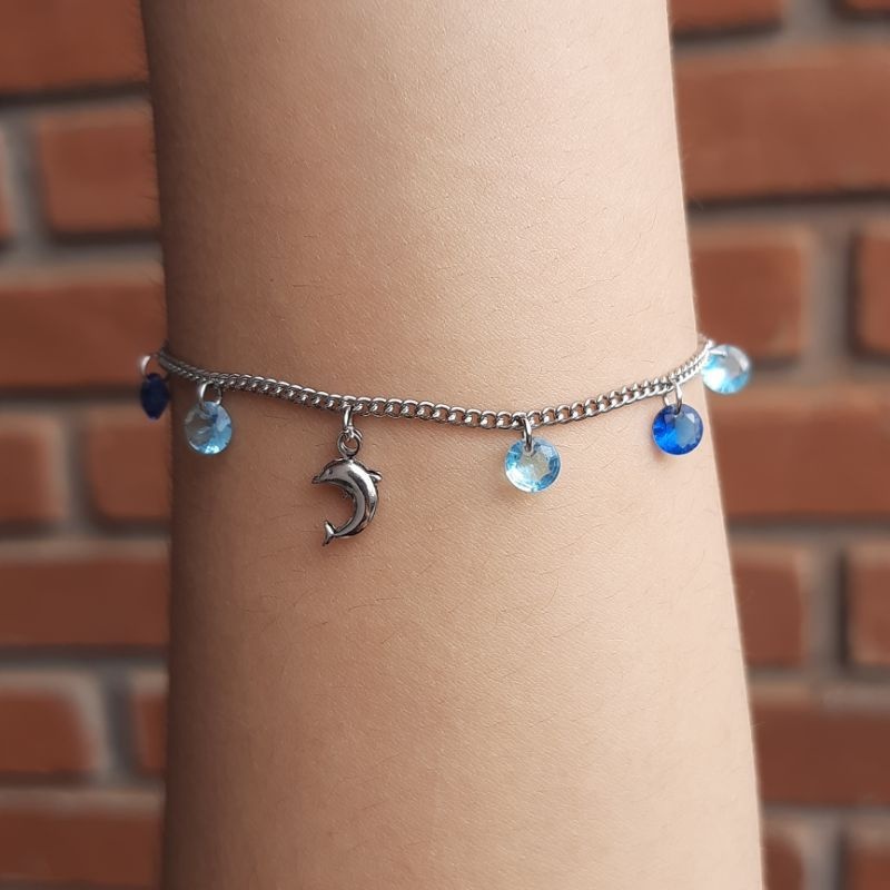 Pulseira Feminina Aço Inoxidável Antialérgica Golfinho Mar Praia Pedra Zircônia Azul Pendurada com extensor