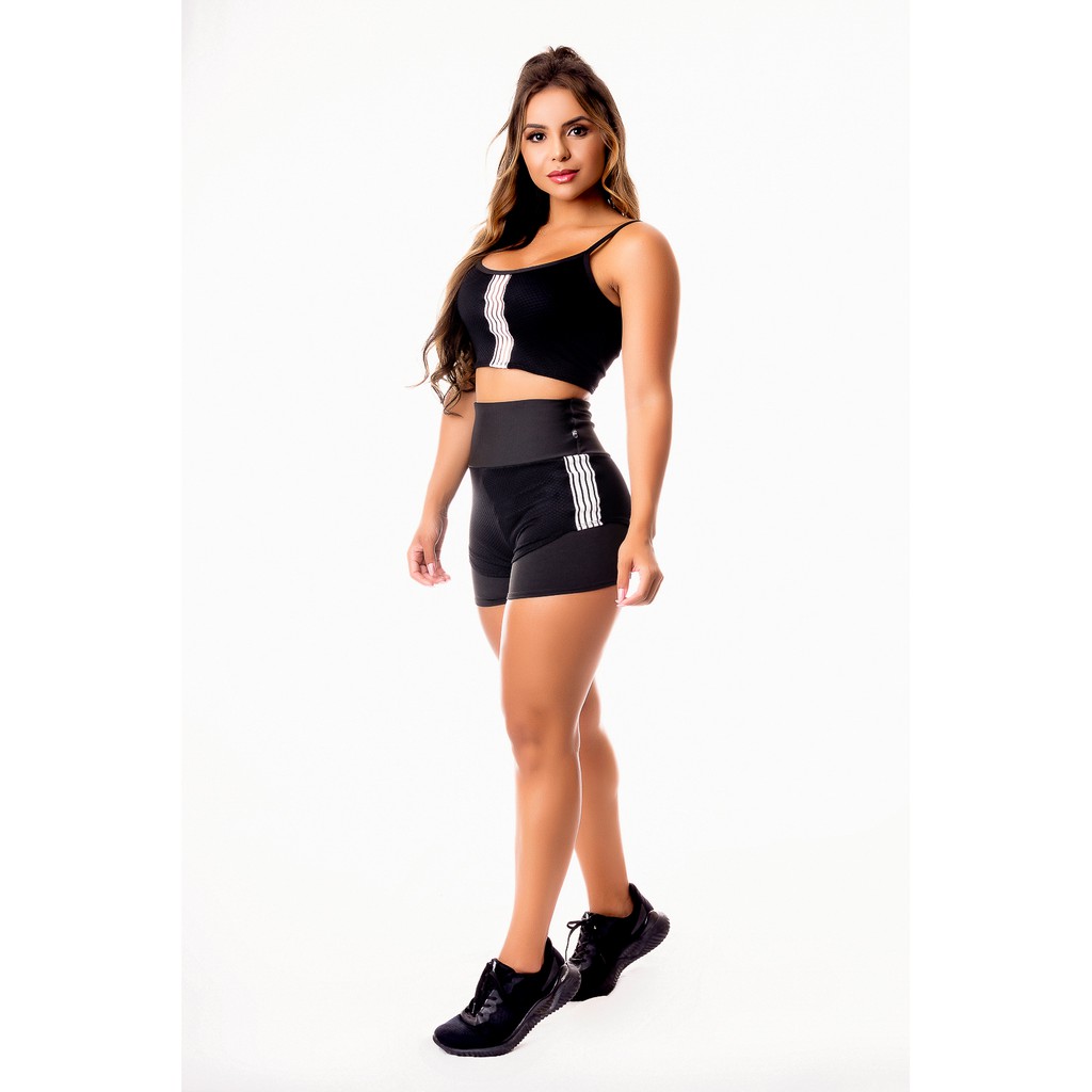 Conjunto Fitness Moda Academia Short Legging Cintura Alta e Cropped Top Tecido Sem Transparência