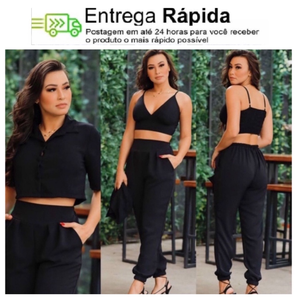 Conjunto 3 Peças Duna blusa calça e cropd com Bojo