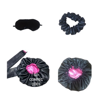 difusora preto com pink+touca dupla face preto com pink+xuxinha preta+Tapa olho de Cetim preto