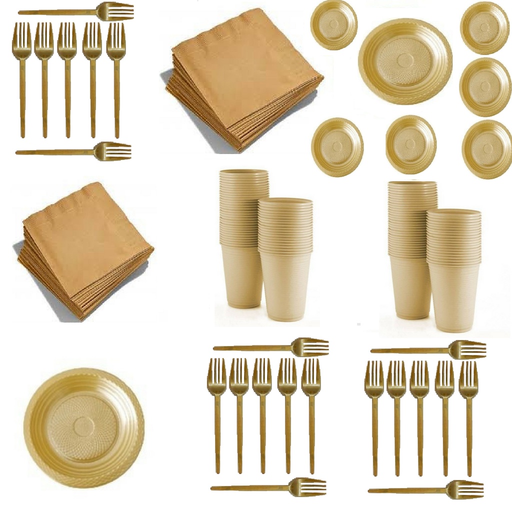 Kit descartaveis dourado 150 pratos fundos 150 copos 200 Guardanapos ...