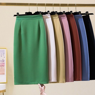 Summer Solid Midi-Length Back Split Zipper Women OL Saias Ladies Office Elegante Pacote De Cintura Alta Saia De Quadril A-Line Fashion Candy Cor Trabalho Feminina Um Degrau