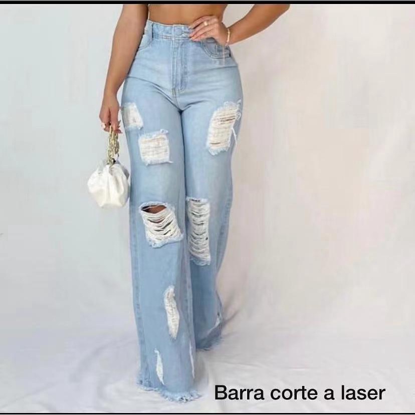 CALÇA JEANS WIDE LEG RASGADA FEMININA PANTALONA DESTROYED CINTURA ALTA 100% ALDODÃO JEANS PREMIUM