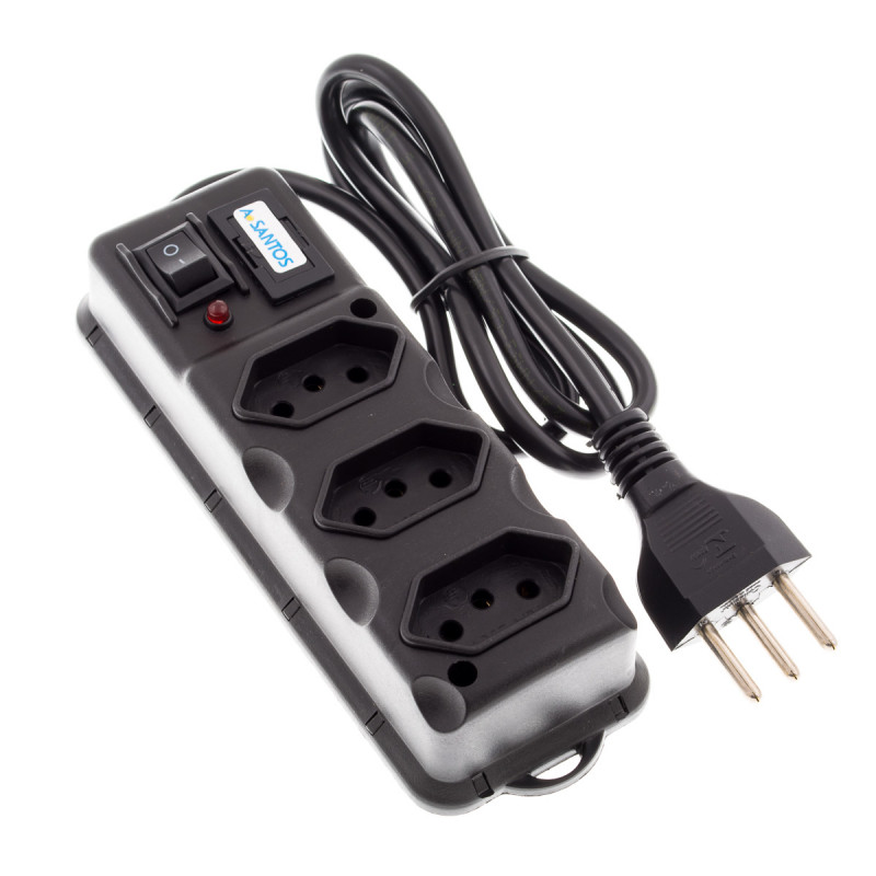 Régua de Energia 3 Tomadas com fusível e botão de ligar