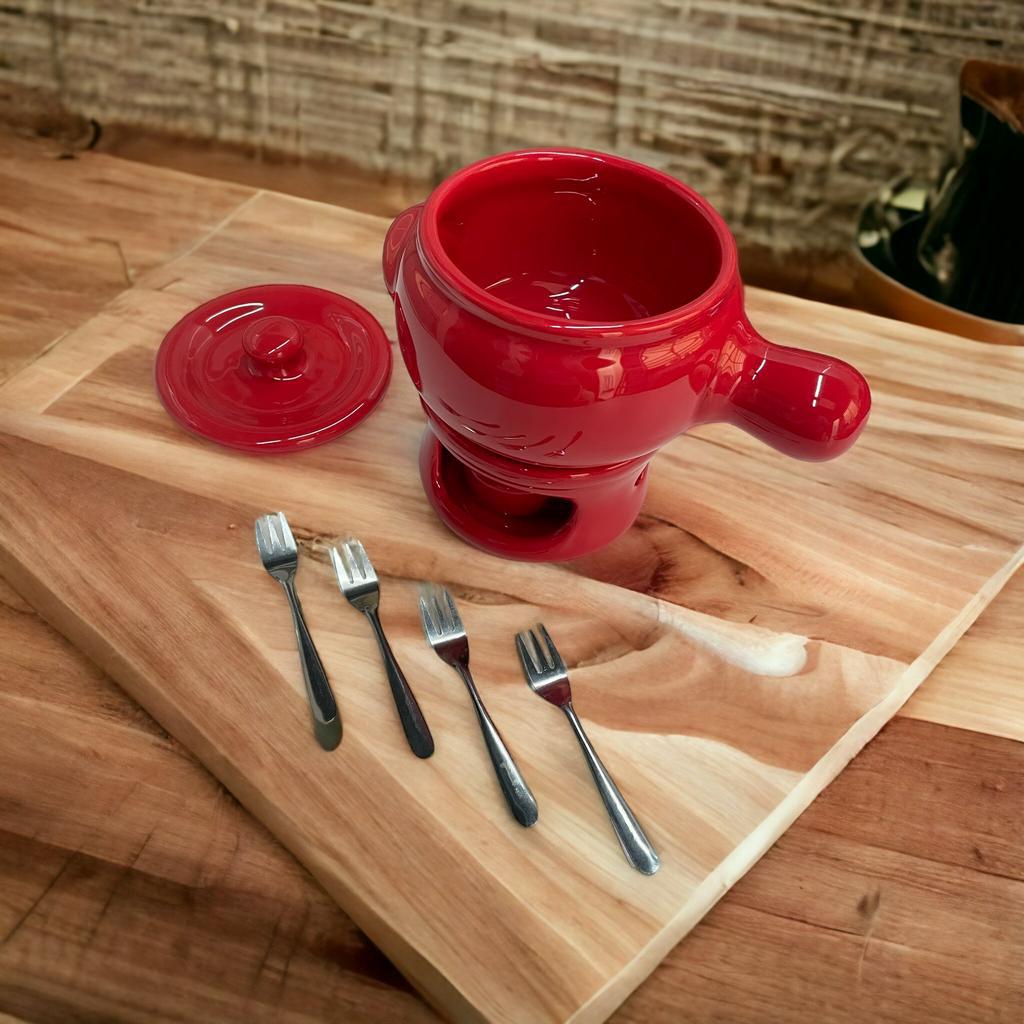 Aparelho De Fondue 750ml Ceramica Vermelho Kit 4 Pessoas Com Fogareiro Para Velas