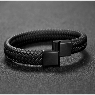 Pulseira Masculina De Couro Preto 18,5/22/20,5cm