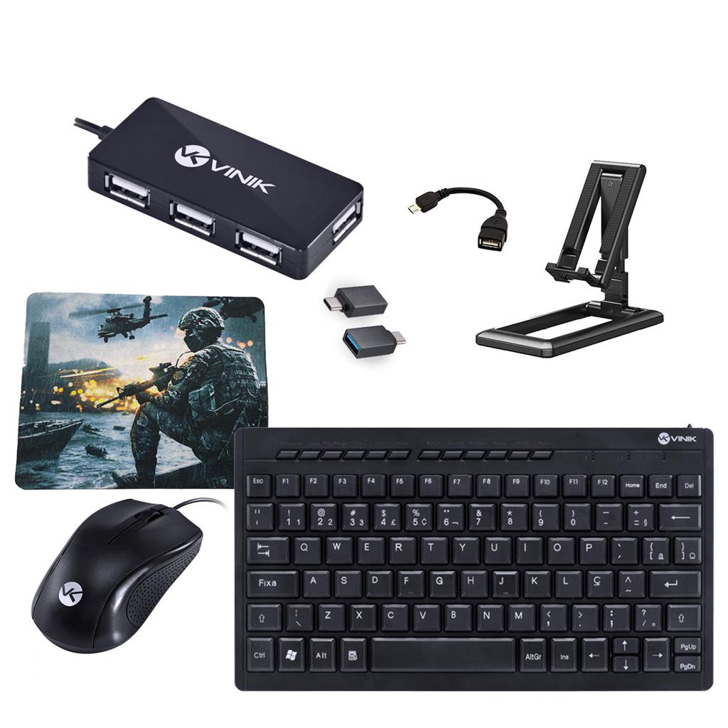 Hub Teclado Mouse com fio Suporte Kit p/ Tablet, Smartphone p/ Trabalho Estudo