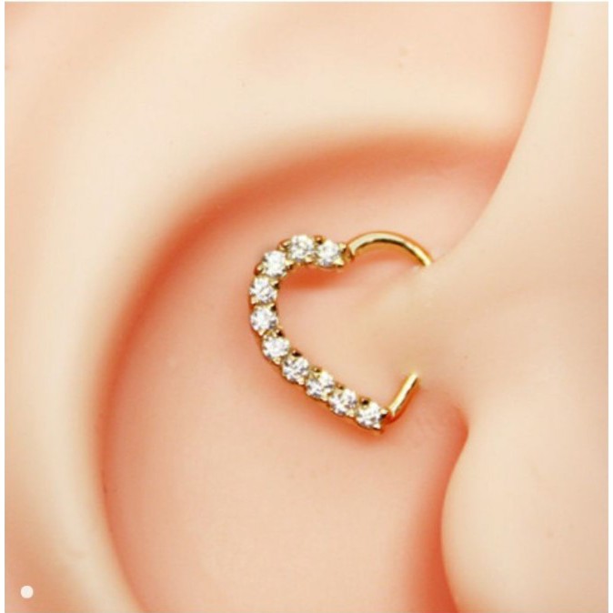 Piercing Coração Virginia Cravejado Com Zirconias Folheado a Ouro 18k e em Aço Cirurgico 316l Torção para Hélix, Daith e Cartilagem