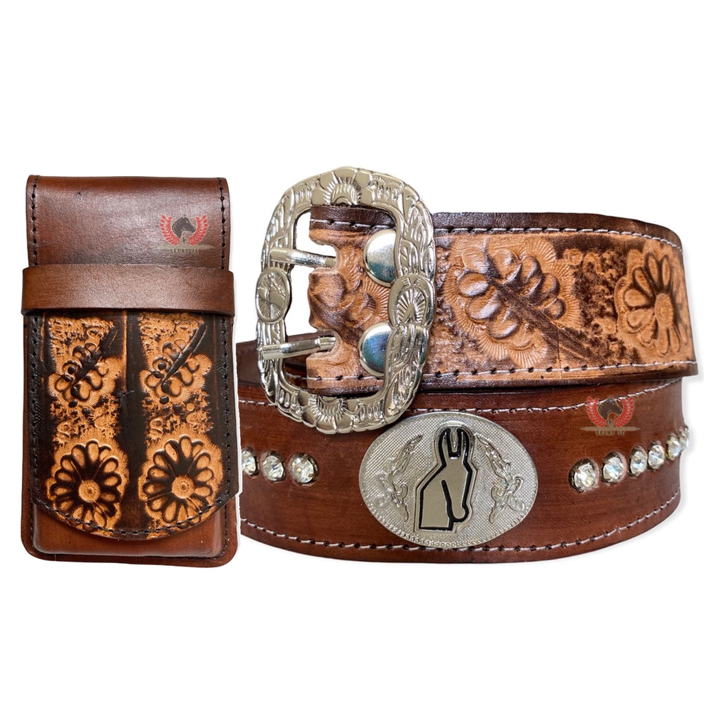 Kit Country Feminino Bainha de Celular e Cinto de Couro Legítimo Com Strass Muladeiro JC50