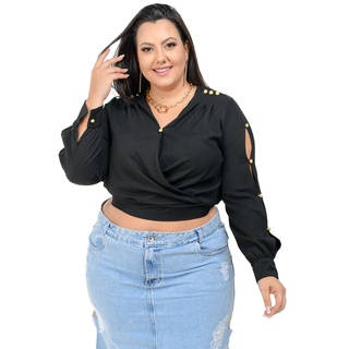 Blusinha Cropped Plus Size Decotada Soltinha Tamanhos Grandes Manga Longa Leve