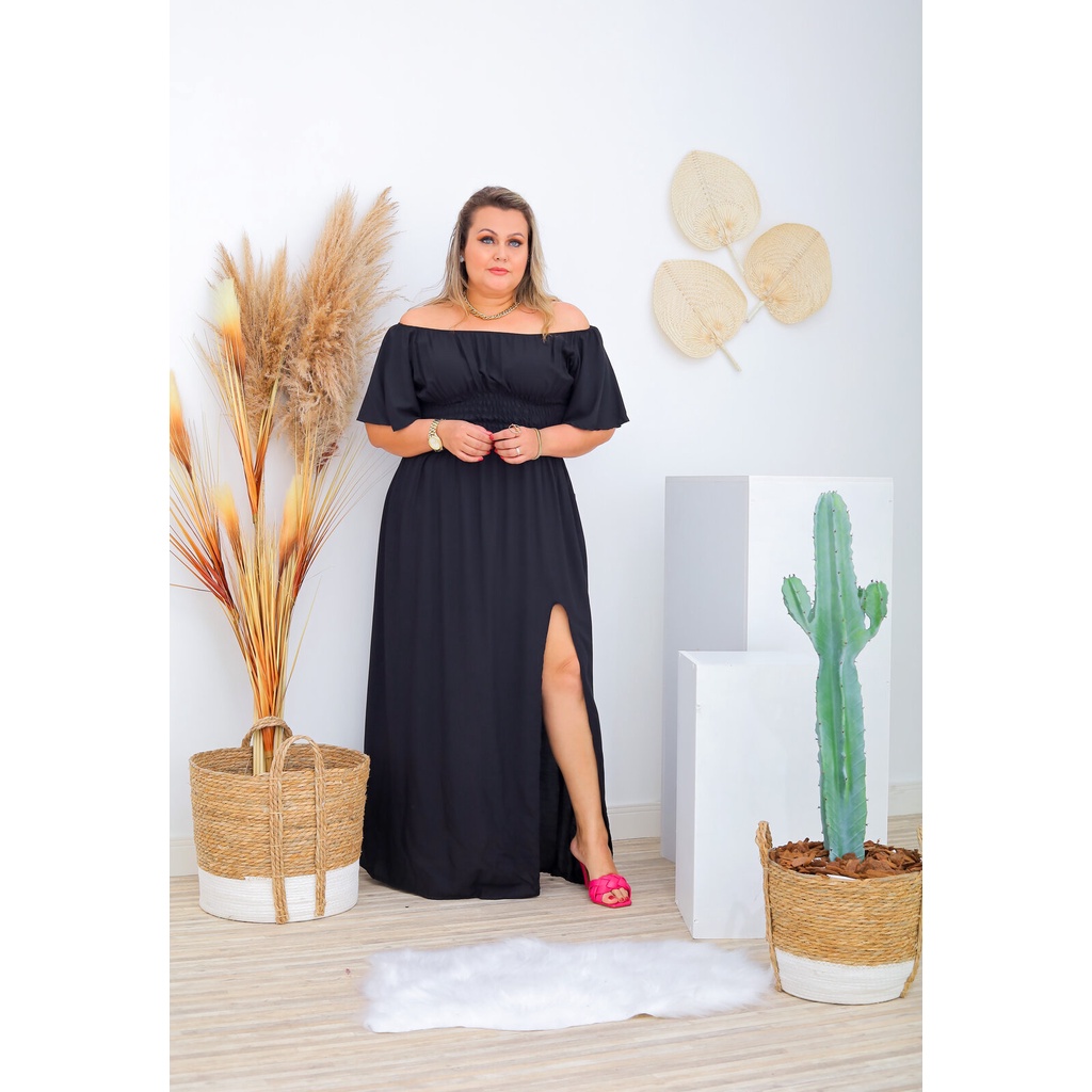 Moda Plus Size Vestido Longo Ciganinha com Fenda