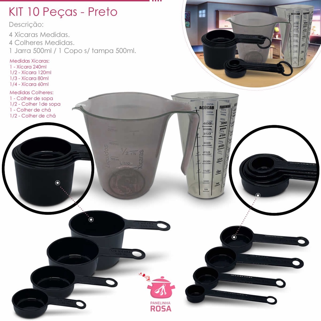 kit medidores 10 peças jarra de 500 ml copo de 500 ml xicara e colher  na cor preta casa cozinha decoração e confeitaria