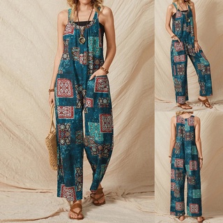 Macacão feminino casual com estampa floral de algodão solto e calça casual de linho com pernas largas e bolsos