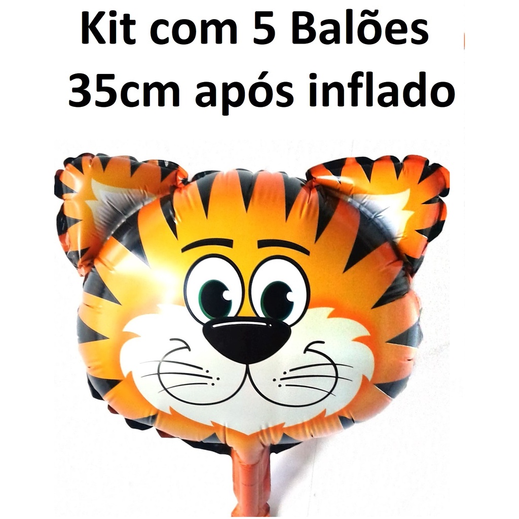 Kit com 5 Balão Tigre Metalizado 35cm Após Inflado Balões Animais Fazendinha Bichos Bichinhos