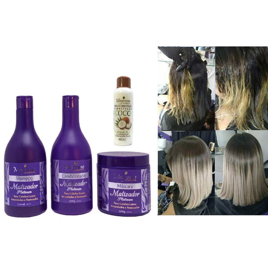 Kit Matizador Platinum Loiro Maycrene 3x500 ( Shampoo + Condicionador + Máscara + Óleo Umectante) 500ml cada ideal para cabelos loiros, brancos ou grisalhos. Renova e realça