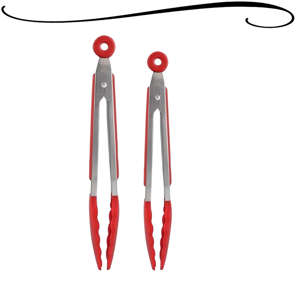KIT 2 Pegadores Pinça Silicone e Aço Inox Culinária Vermelho para Saladas Churrasco Utensílio Cozinha