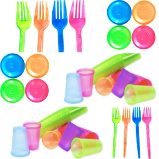 Kit Neon Coloridos Descartaveis 100 Copos 50 Pratinhos 50 Garfinhos. Brilha Na Luz Negra em Oferta na Shopee