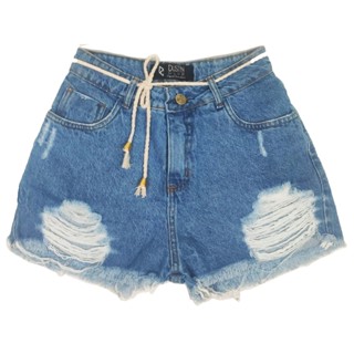 Short Jeans Feminino Rasgado Destroyed Cordão Cintura Alta Azul Aço em Oferta na Shopee