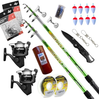 Kit de Pesca Completo 2 Varas 2,10M 2 Molinetes Mais Acessórios Pescaria Tucunaré Tilapia Dourado