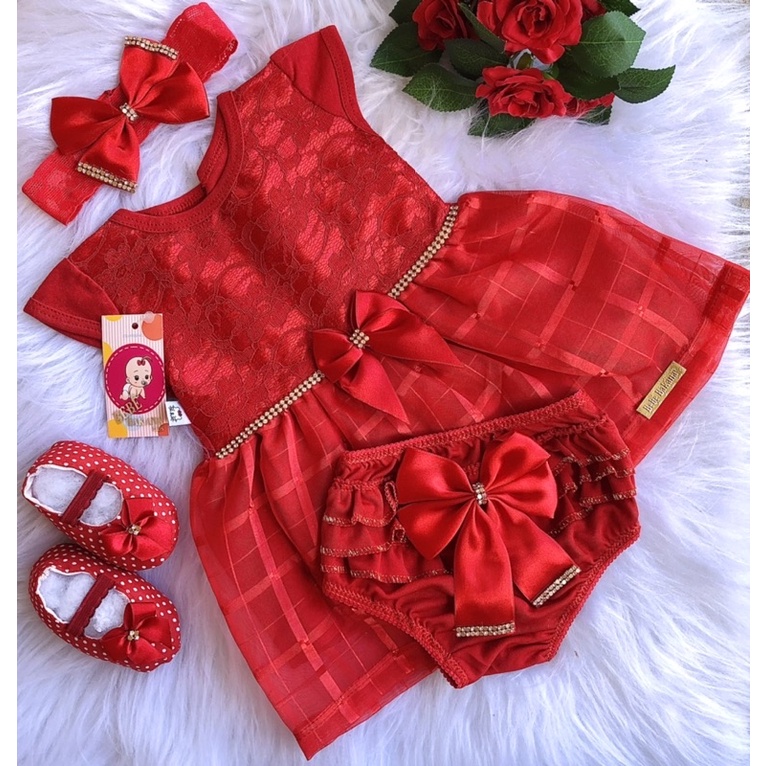 Vestido Renda + Calcinha Bunda Rica+ Sapatinho E Laço Baby.