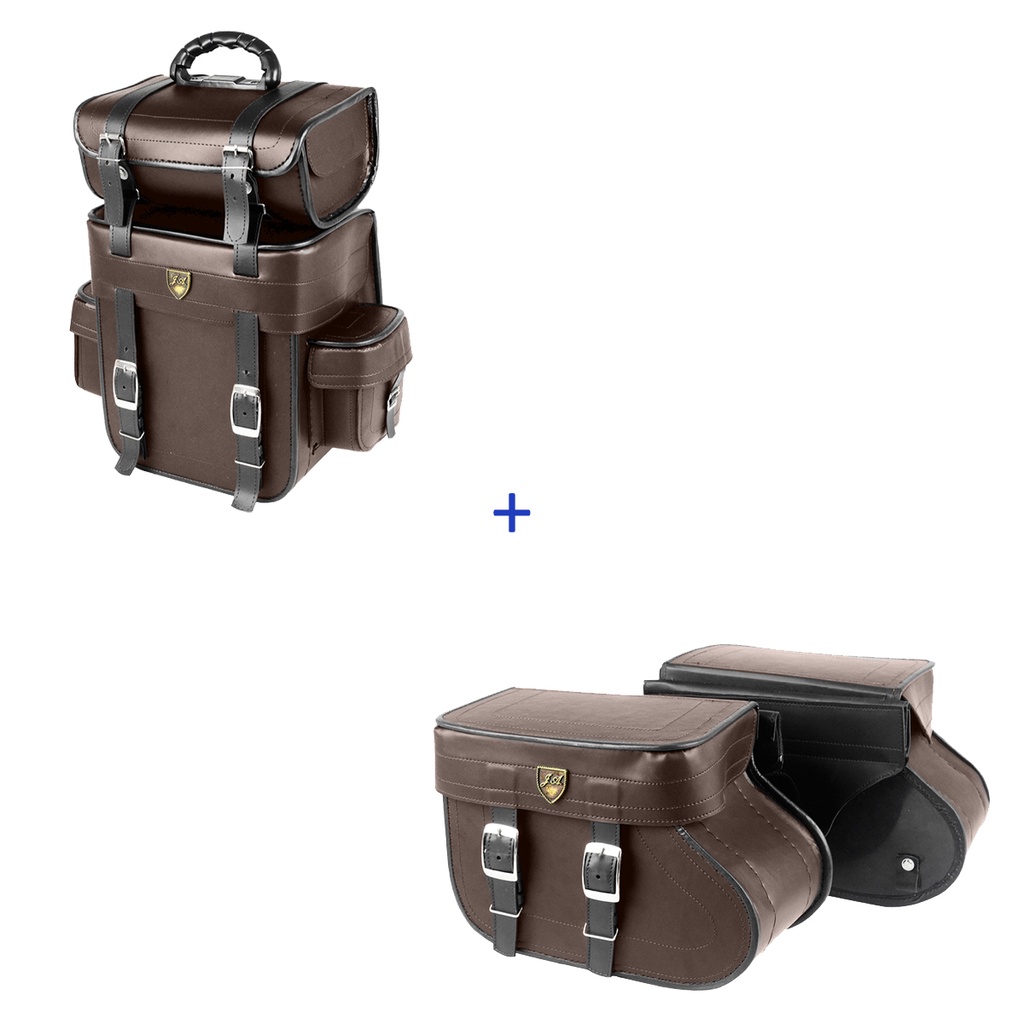 Kit Viagem Alforge Traseiro 25 Litros Couro Sintético Marrom Liso + Alforge Lateral Botinha 18 Litros Couro Sintético Marrom Liso