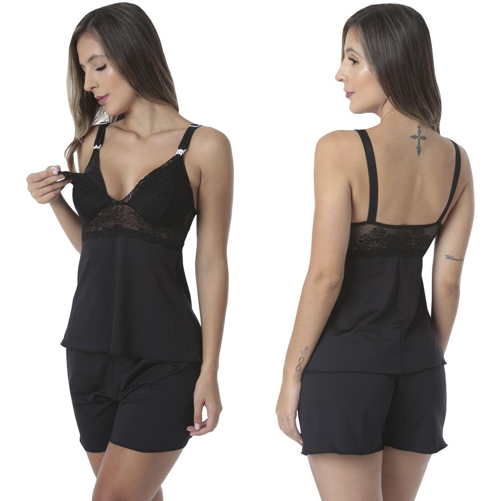 Baby Doll Short Doll de amamentação Pós parto sem Bojo de Microfibra Light e Renda 2 pecas Feminino
