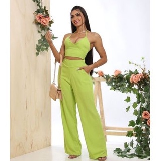 conjuntos calça e cropped amarra nas costas moda feminina calça pantalona #01