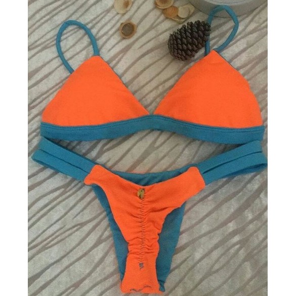 Biquini Marina laranja neon com azul- bojo removivel -calcinha empina bumbum