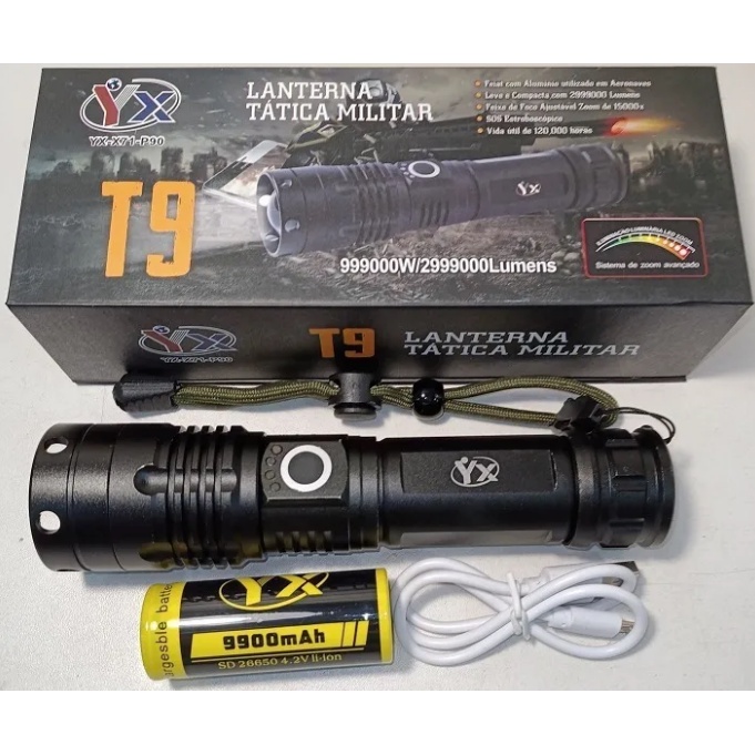 Lanterna LED P90 XML T9 Mais Forte Tática lanterna super potente e Longo Alcance Super Iluminação Recarregável via USB