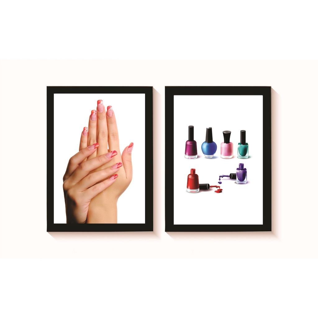Kit 2 Quadros Decorativos Salão de Beleza Manicure Esmaltes A4 Molduras Pretas