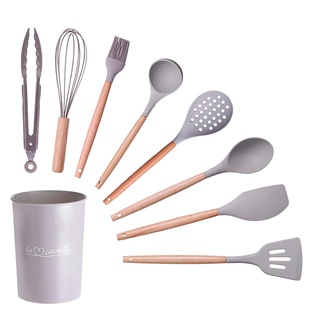 Jogo 9 Peças De Silicone/madeira Utensilios De Cozinha