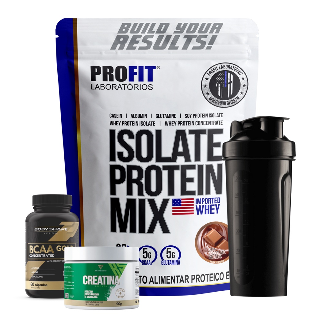 Kit Whey Isolate Protein Mix 900g + Creatina Energy 90g + Bcaa Gold 60 Caps + Coqueteleira