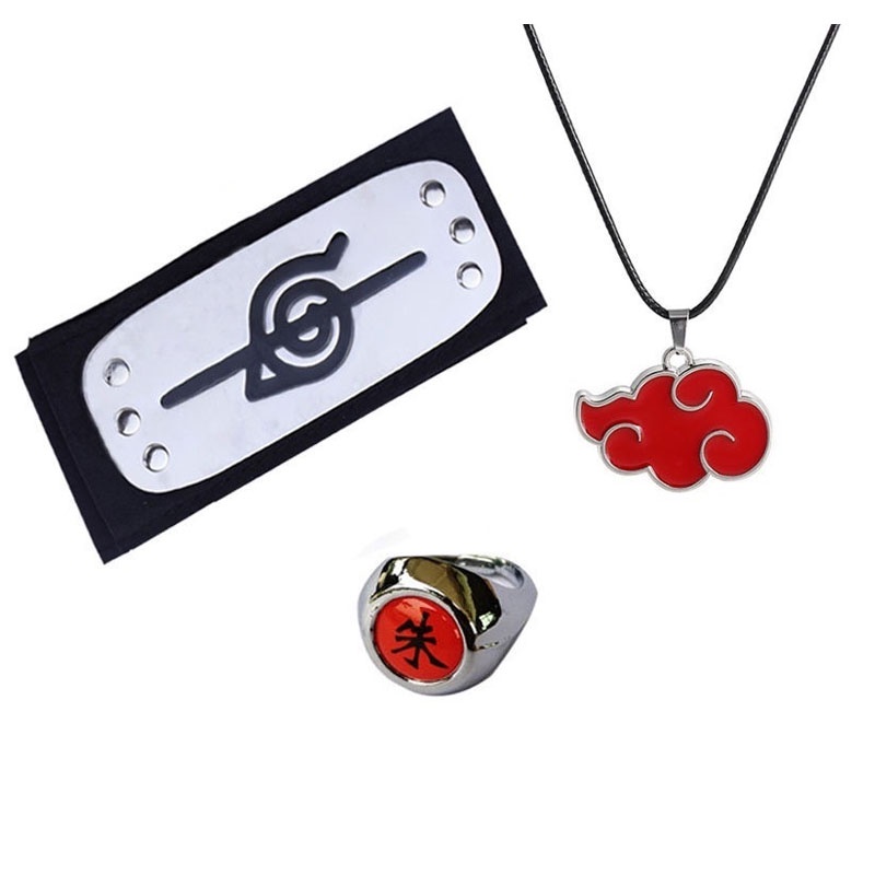 três peças de colar de Naruto Akatsuki Itachi Anel Penn Bandolete Vermelha Nuvem
