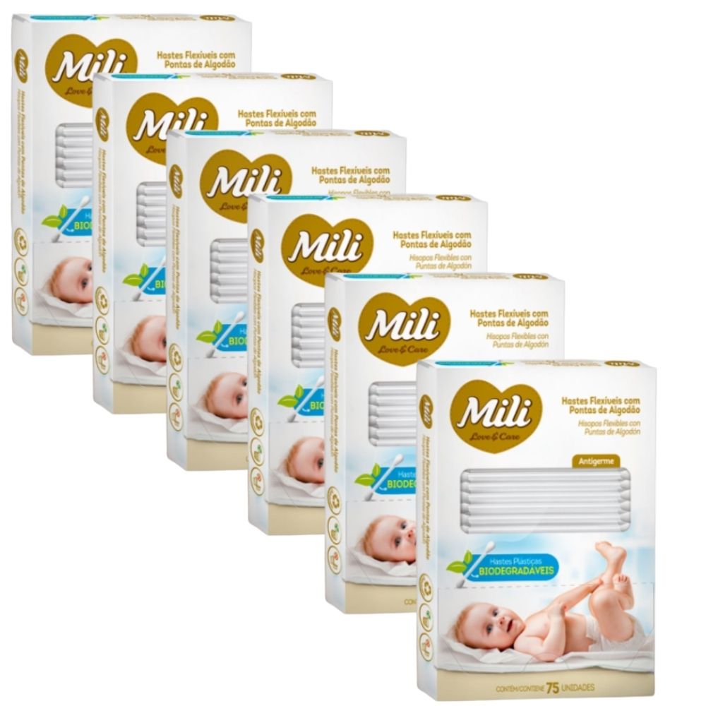 Cotonete Hastes Flexiveis 6 caixas c/ 75 unidades Biodegradável - MILI    (Total: 450 hastes)