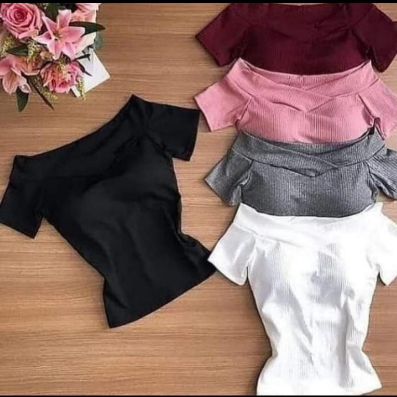 kit com 3 blusinhas femininas canelada ombro a ombro com bojo